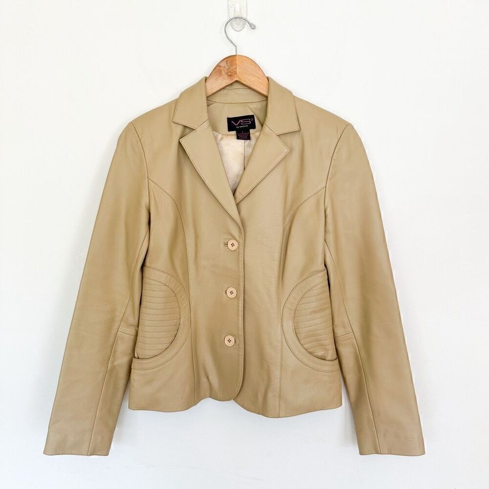 Vakko VS2 Women’s Vintage Cream Tan Lamb Leather 3 button Moto Blazer Coat